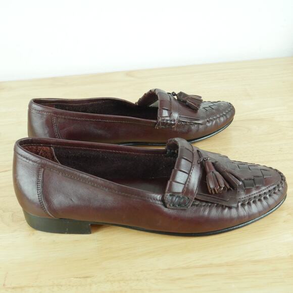 Vintage Men\'s 8 Tassel Loafers Burgundy Maroon Preppy Woven Leather Academia